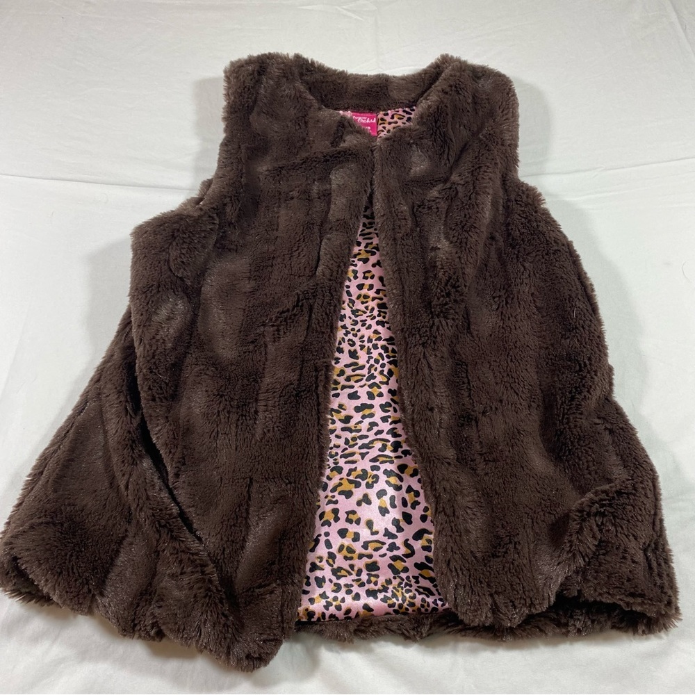 Forever Orchid Faux Fur Vest Dark Brown Girls Vest Velvet Pink Leopard Lining - Picture 1 of 10